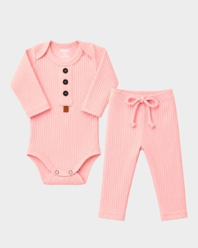 Conjunto Canelado Bebê Body e Calça Rosa Salmão Menina