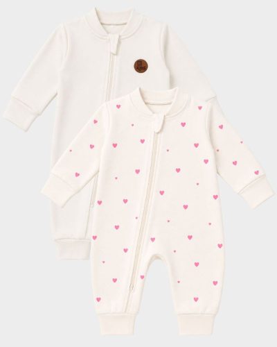Kit 2 Macacões Bebê Liso Off e Estampado Rosa