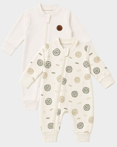 Kit 2 Macacões Bebê Liso Off e Estampado Verde