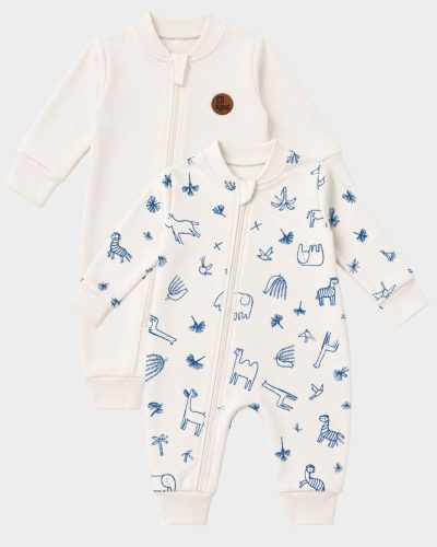 Kit 2 Macacões Bebê Liso Off e Estampado Azul