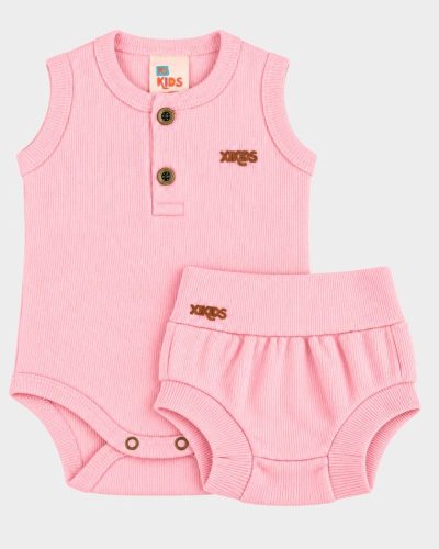 Conjunto Bebê Body Regata Canelado e Shorts Tapa Fralda Rosa