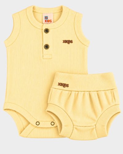 Conjunto Bebê Body Regata Canelado e Shorts Tapa Fralda Amarelo