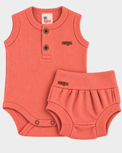 Conjunto Bebê Body Regata Canelado e Shorts Tapa Fralda Rosa Salmão