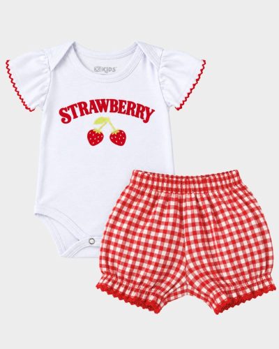 Conjunto Bebê Body Manga Curta Moranguinho com Shorts Xadrez