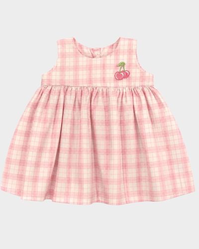 Vestido Bebê Xadrez Rosa com Aplique de Cerejinhas
