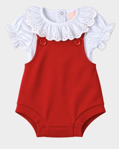 Kit Bebê Menina Jardineira Romper Vermelho e Body com Renda