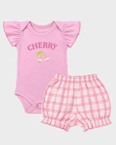 Conjunto Bebê Body Manga Curta Cereja com Shorts Xadrez
